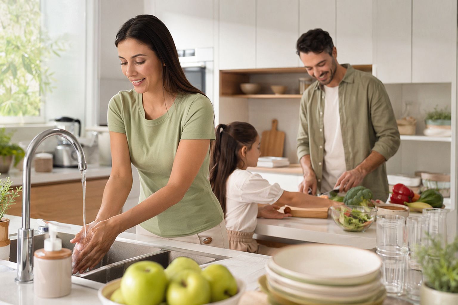 Familia lavándose las manos en la cocina antes de preparar alimentos y comer.